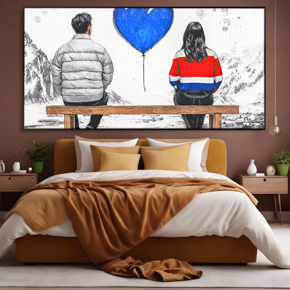Tablou canvas cu ilustratie cu doi tineri pe banca, in rama de aluminiu negru, pe perete intr-un dormitor